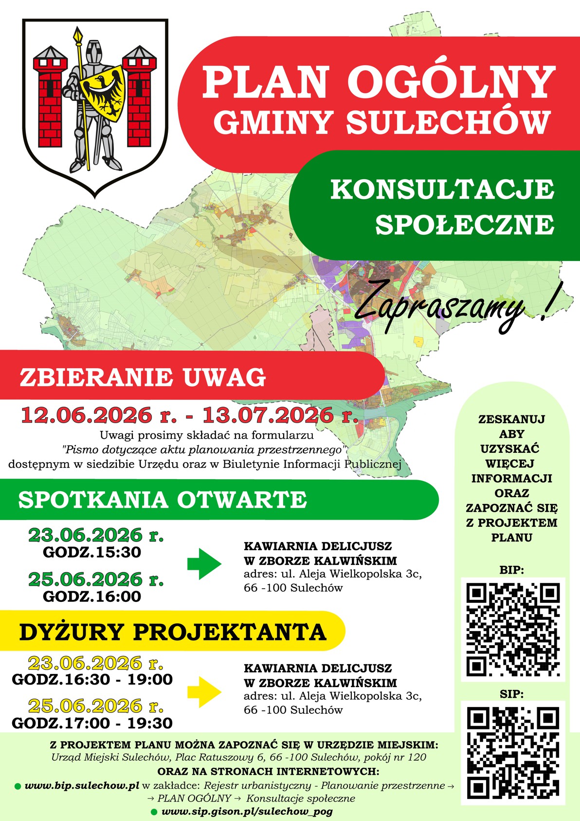 Plakat konsultacji społecznych projektu Planu Og&oacute;lnego Gminy Sulech&oacute;w