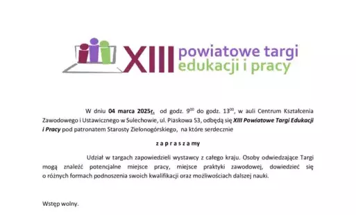 Zdjęcie do XIII Powiatowe Targi Edukacji i Pracy w Sulechowie